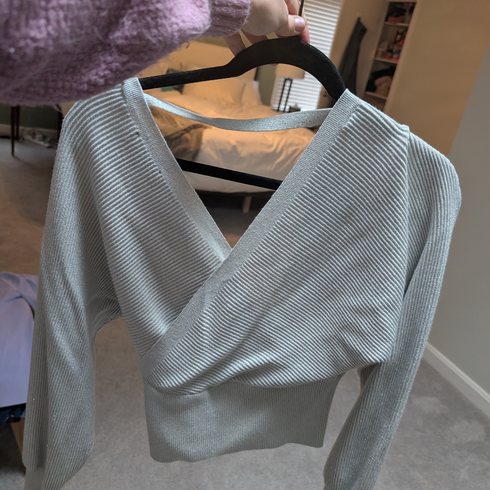 French Connection Light Gray Ribbed V-Neck Wrap Sweater